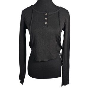 NWT | EGOCKAL Long Sleeve Ribbed Henley Top | Button Neck | Black | Large
